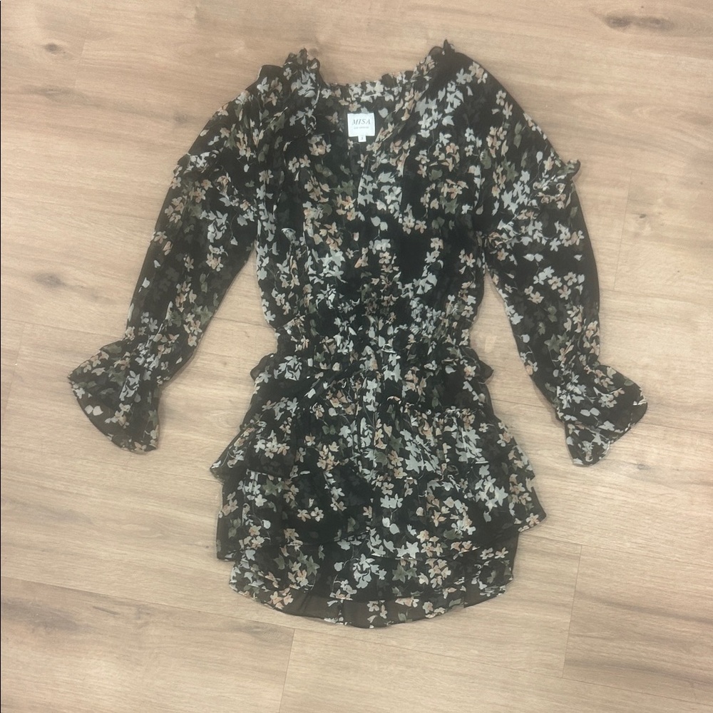 Misa Los Angeles Floral Black and White Dress